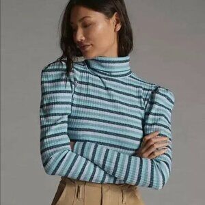 Anthropologie Maeve Puff Sleeved Striped Turtleneck Top Women’s Size Large